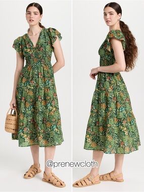 Trovata Birds of Paradis Kendall Dress Evergreen Floral Midi Prairie Size L